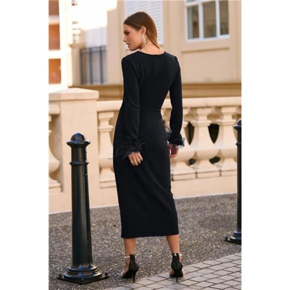 Women's 2025 Fall Long Sleeve Dress Formal Midi Bodycon Wrap Slit - Picture 2 of 6